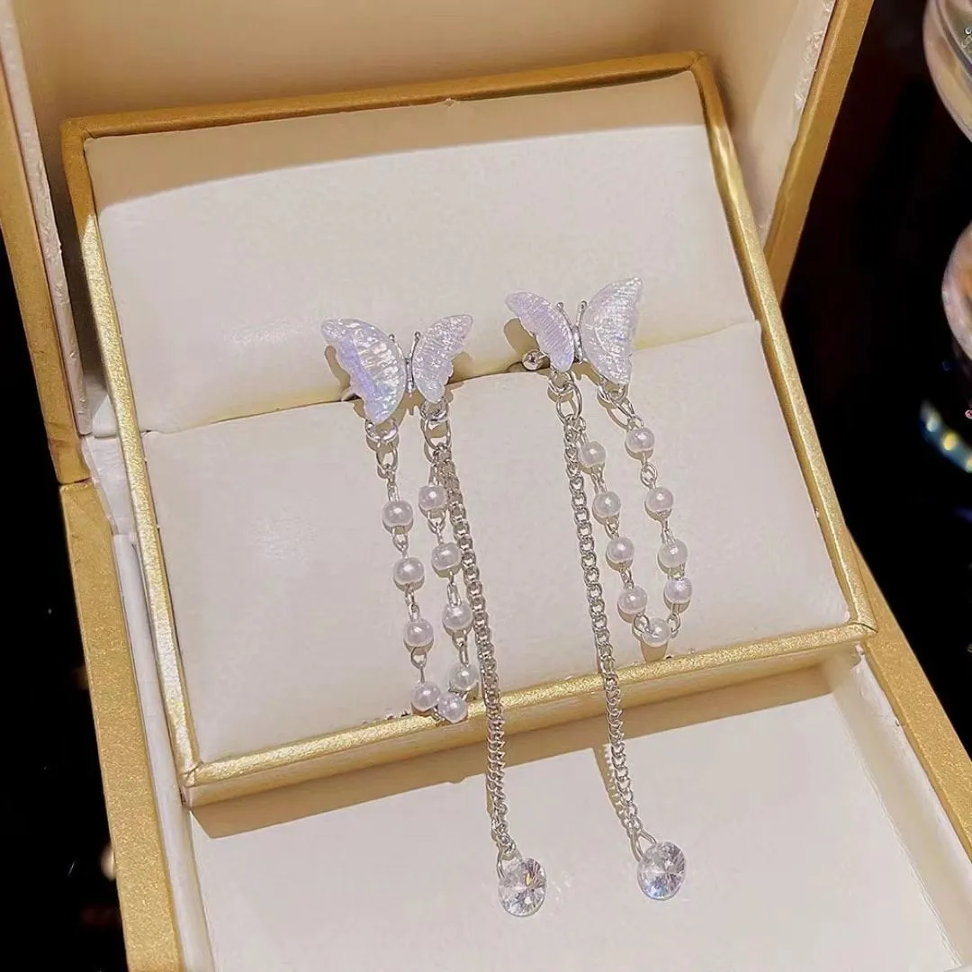 Dainty Butterfly Pearl Chain Rhinestone Tassel Ear Cuff Earrings