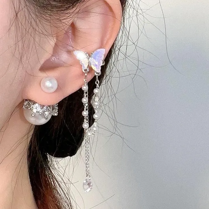 Dainty Butterfly Pearl Chain Rhinestone Tassel Ear Cuff Earrings