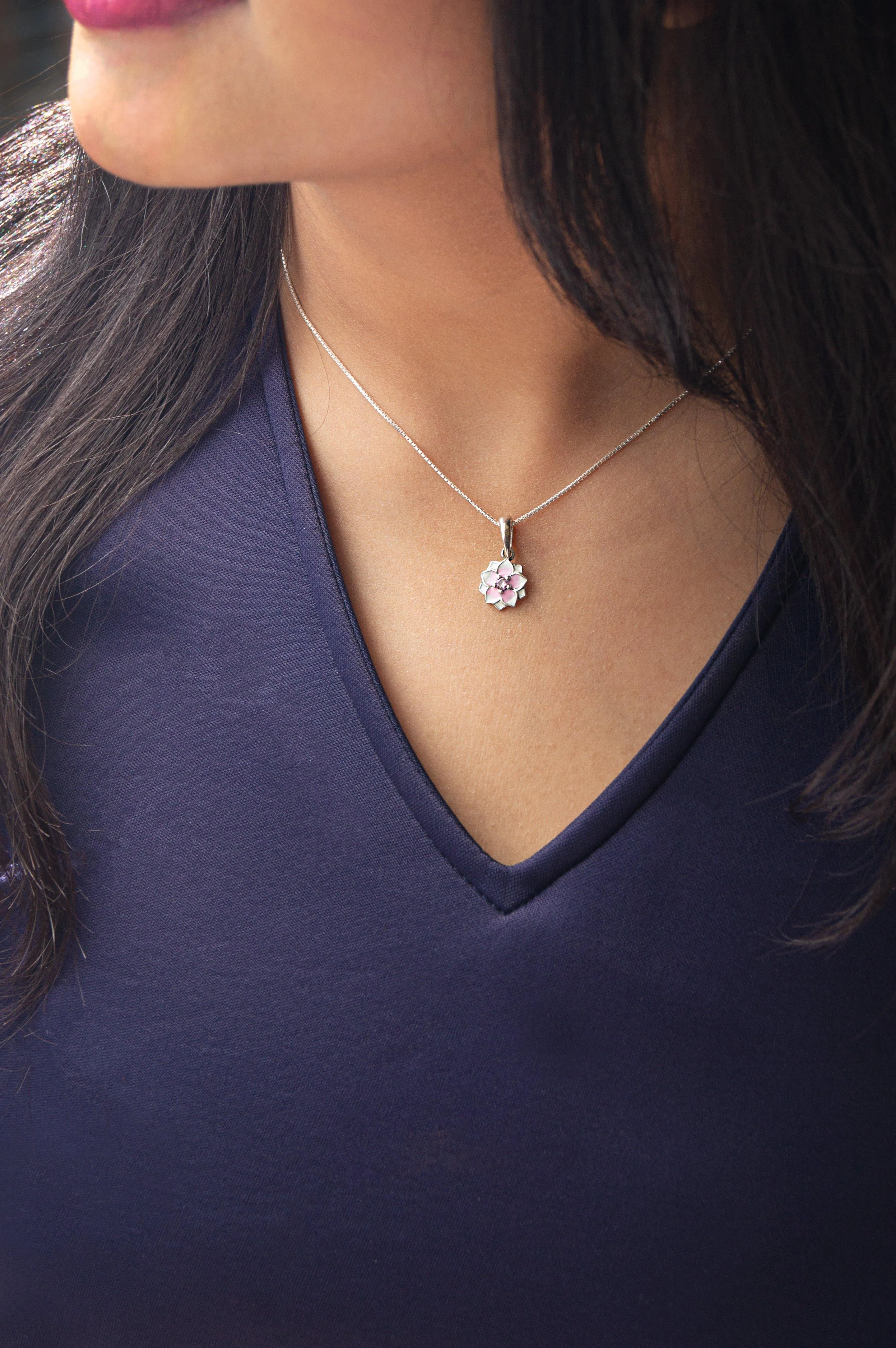 Dainty Floral Handpainted Sterling Silver Chain Pendant
