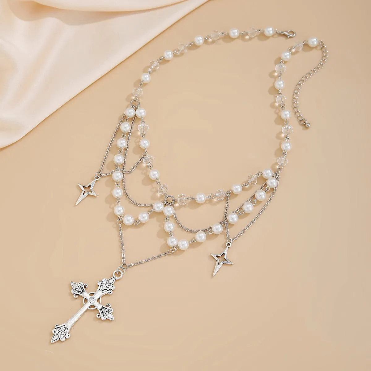 Dainty Layered Star Cross Pendant Pearl Crystal Chain Necklace