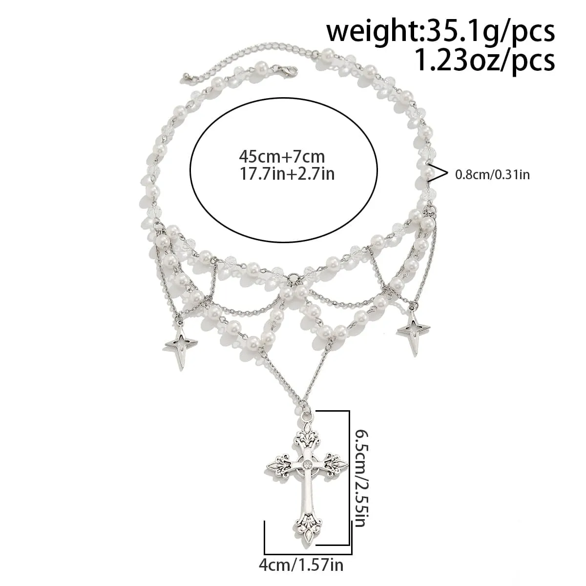 Dainty Layered Star Cross Pendant Pearl Crystal Chain Necklace