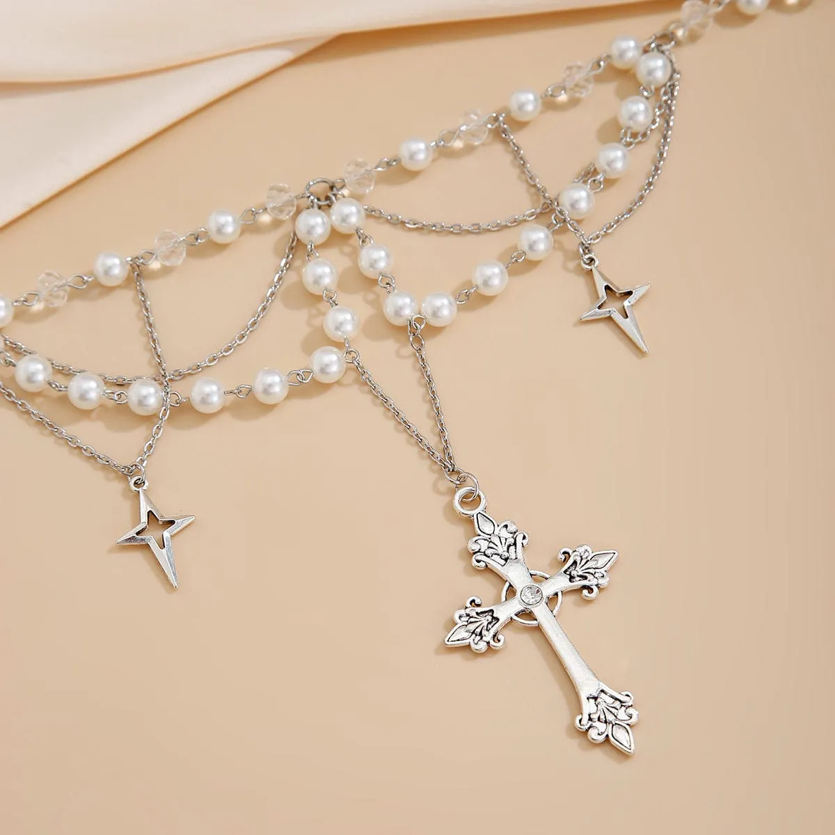 Dainty Layered Star Cross Pendant Pearl Crystal Chain Necklace