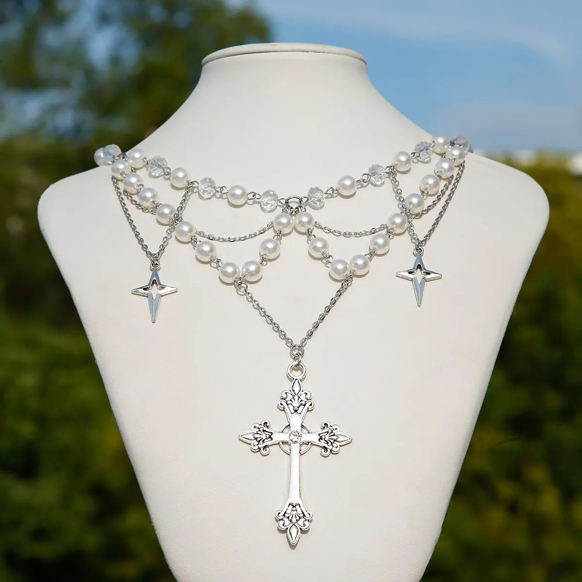 Dainty Layered Star Cross Pendant Pearl Crystal Chain Necklace