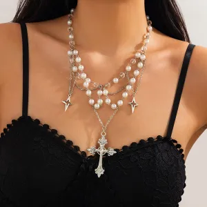 Dainty Layered Star Cross Pendant Pearl Crystal Chain Necklace