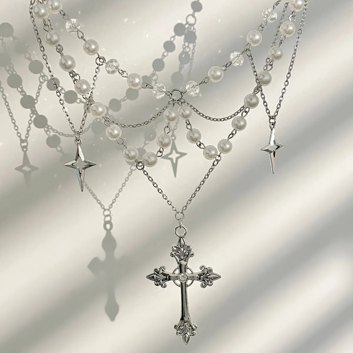 Dainty Layered Star Cross Pendant Pearl Crystal Chain Necklace