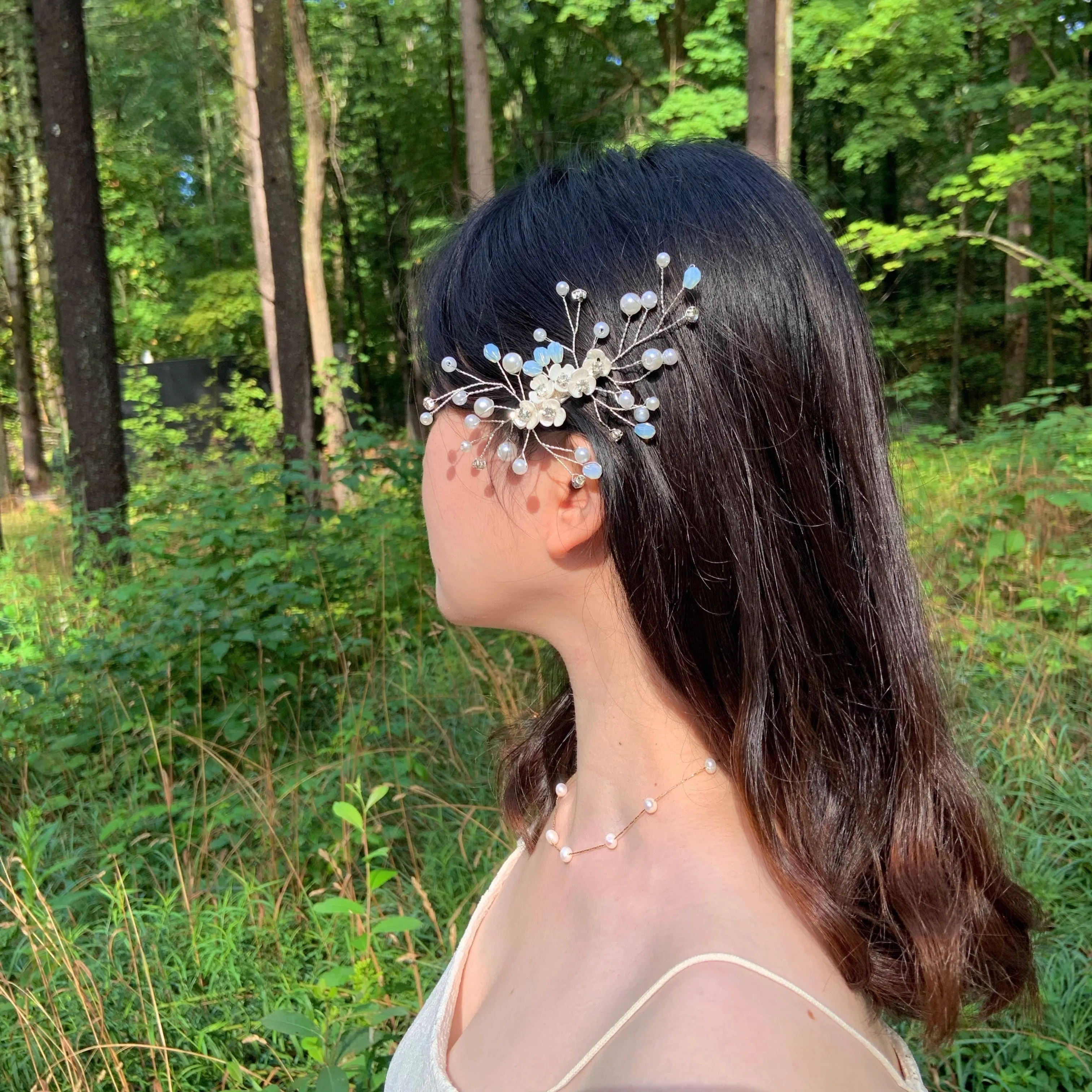 Dainty Mother Of Pearl and Crystal Floral Pearl Bridal Hair pin