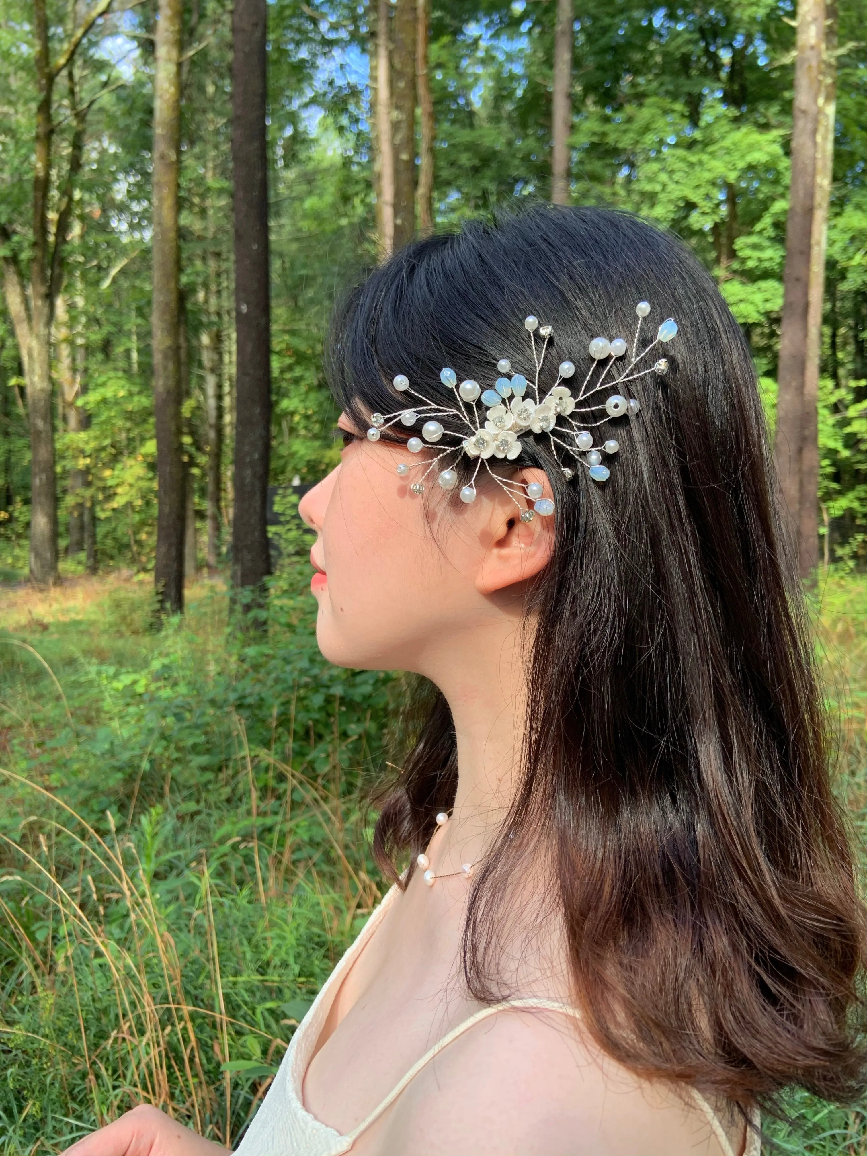 Dainty Mother Of Pearl and Crystal Floral Pearl Bridal Hair pin