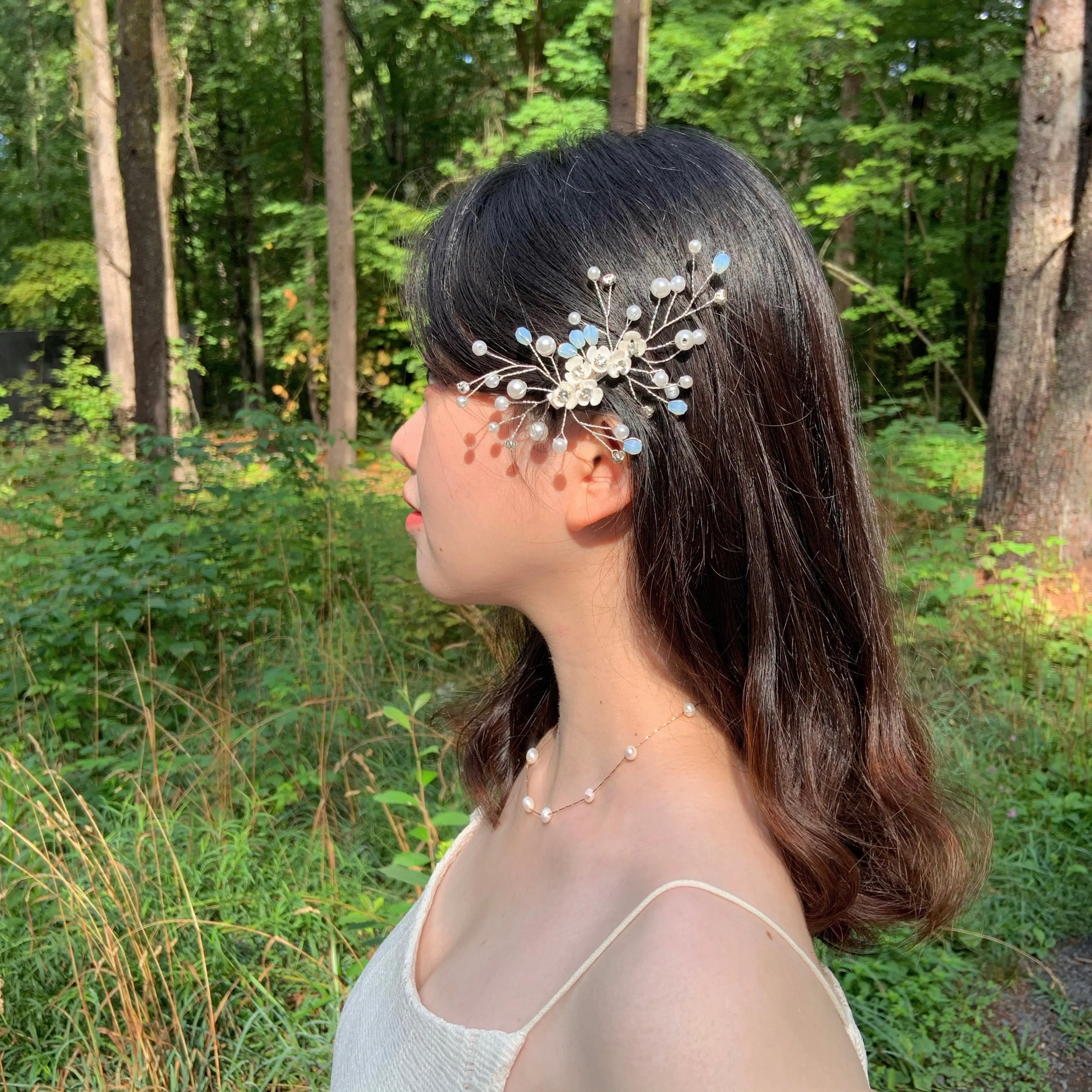 Dainty Mother Of Pearl and Crystal Floral Pearl Bridal Hair pin