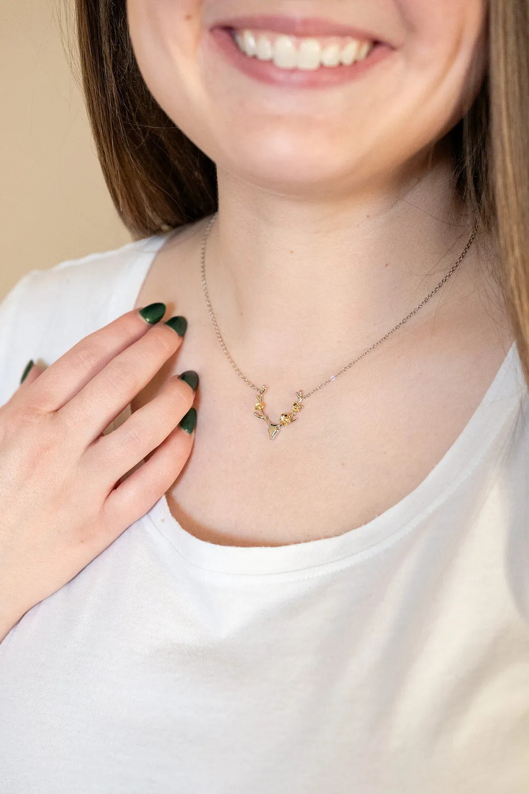 Deer Antler Flowers Charm Necklace Mixed Metal