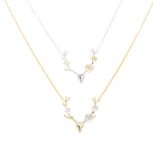 Deer Antler Flowers Charm Necklace Mixed Metal