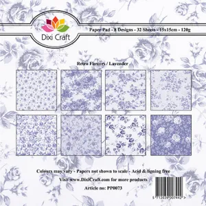 Dixi Craft 8 Designs Paper Pads 6" 32 Sheets RETRO FLOWERS LAVENDER AS SEEN ON TV