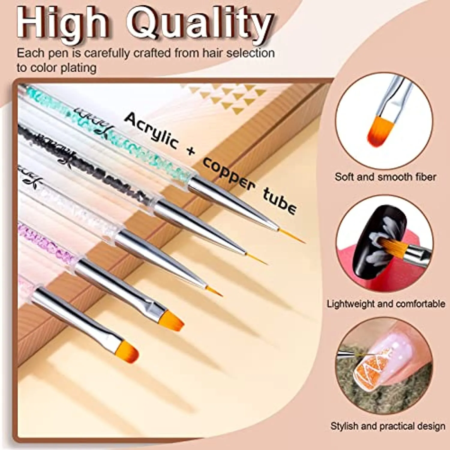 Double-Ended Nail Art Brushes, Nail Design Tools Kit 5 PCS Including Nail Liner Brush and Nail Dotting Pens for Acrylic Nail Home Salon by YADADA
