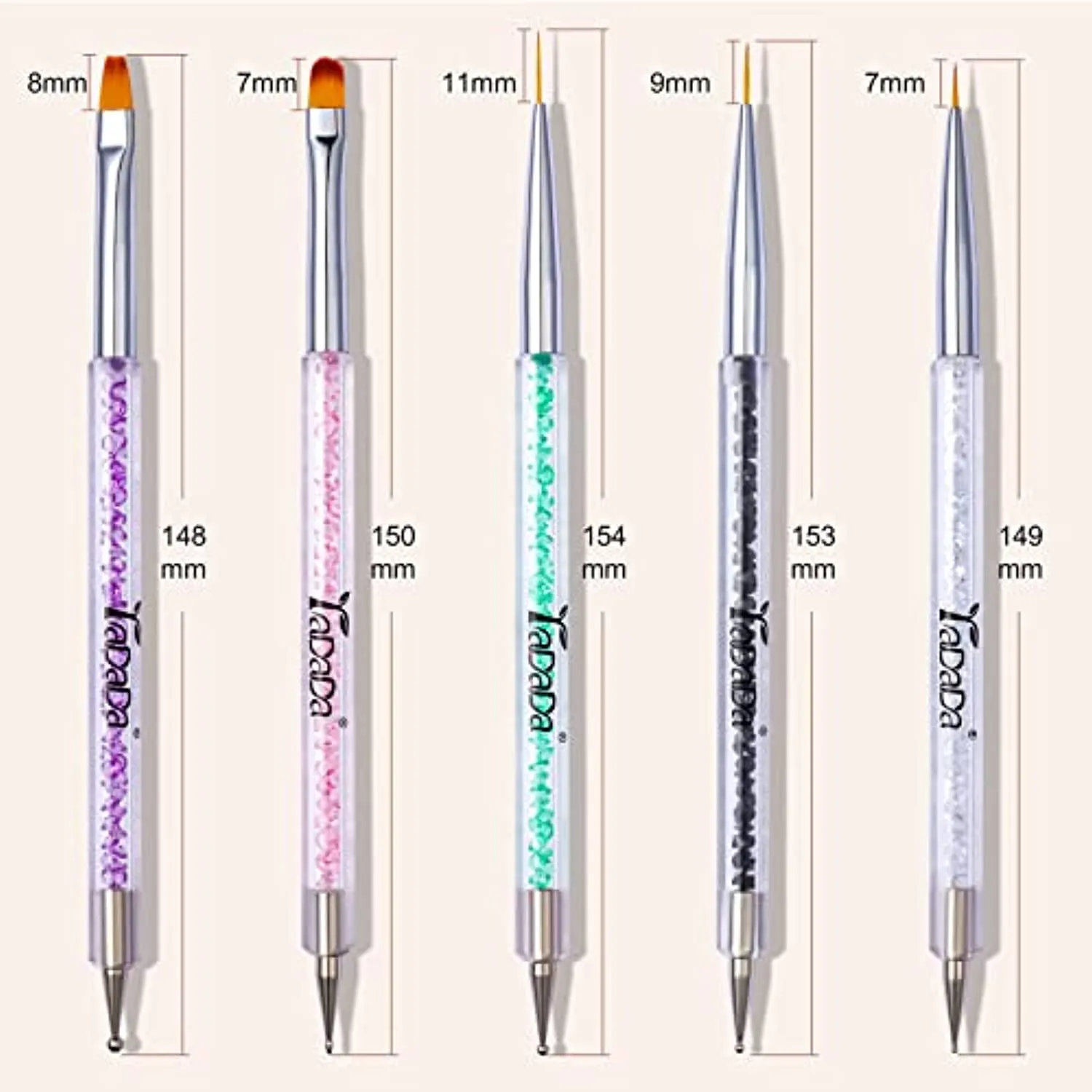 Double-Ended Nail Art Brushes, Nail Design Tools Kit 5 PCS Including Nail Liner Brush and Nail Dotting Pens for Acrylic Nail Home Salon by YADADA
