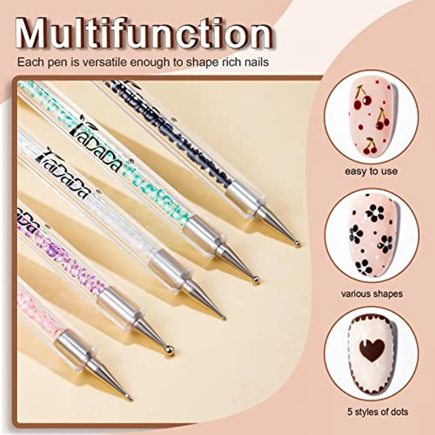 Double-Ended Nail Art Brushes, Nail Design Tools Kit 5 PCS Including Nail Liner Brush and Nail Dotting Pens for Acrylic Nail Home Salon by YADADA