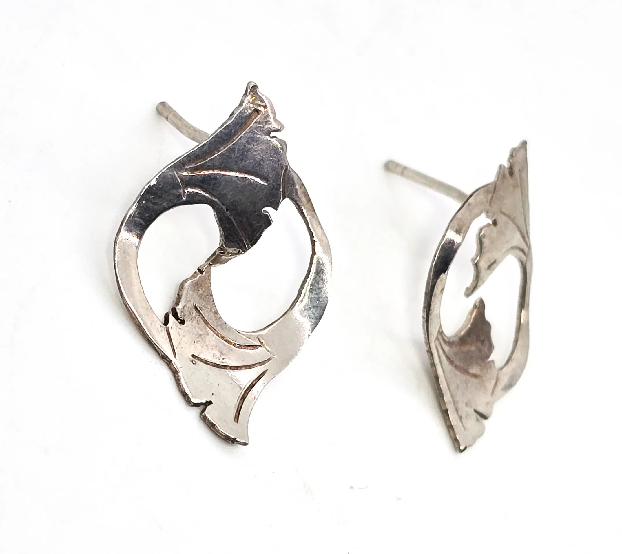 Double lily flower Art Nouveau vintage sterling silver stud earrings