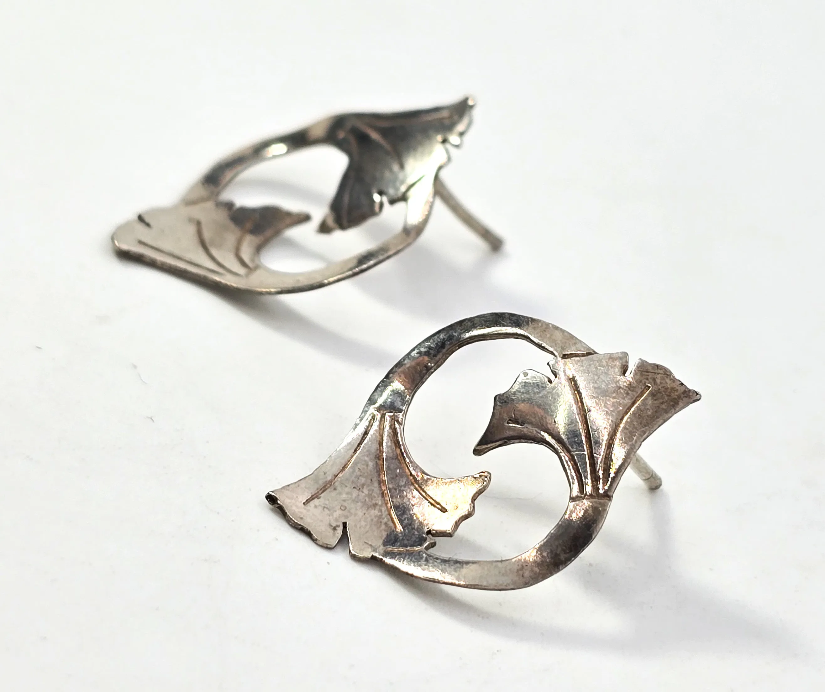 Double lily flower Art Nouveau vintage sterling silver stud earrings