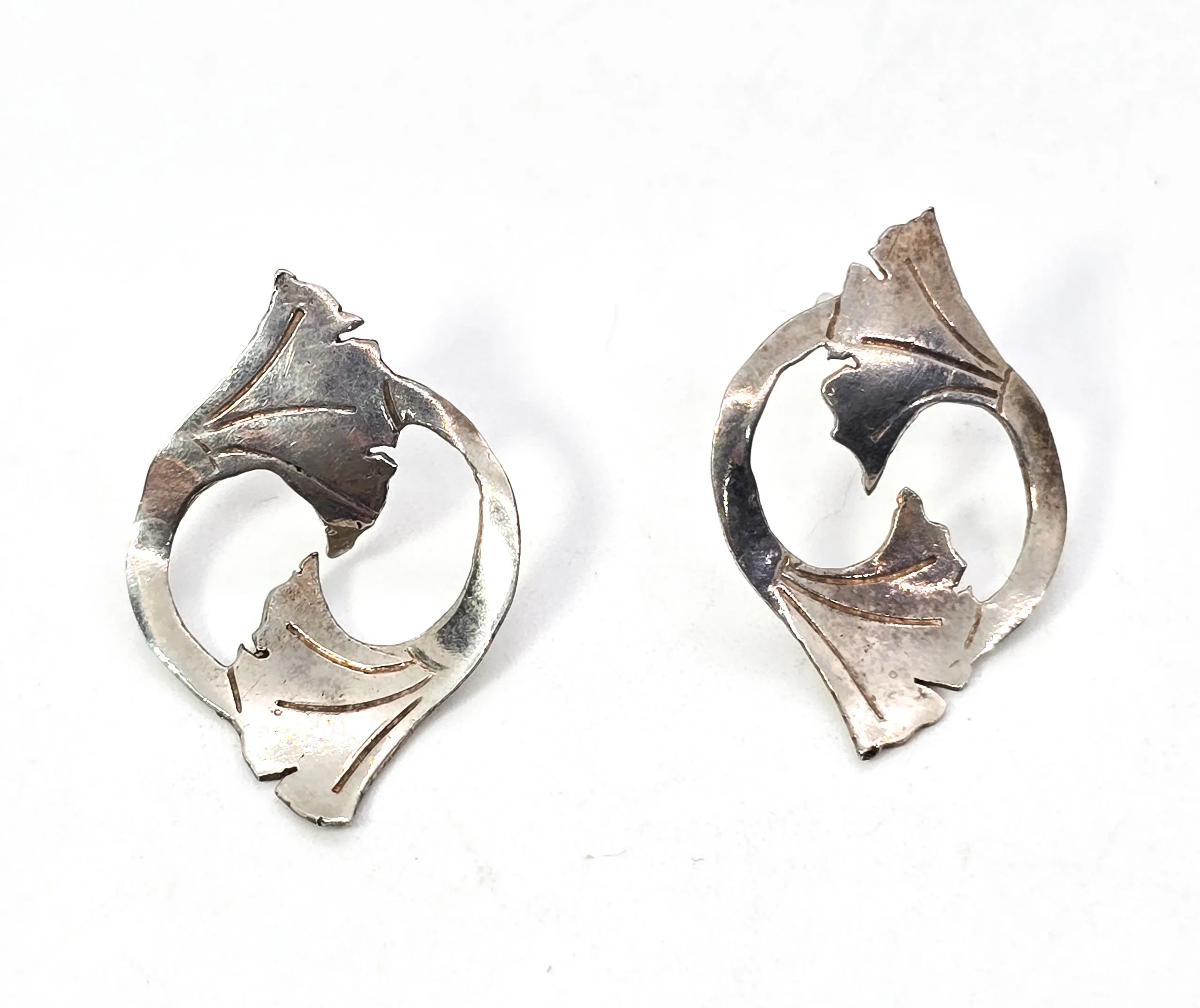Double lily flower Art Nouveau vintage sterling silver stud earrings