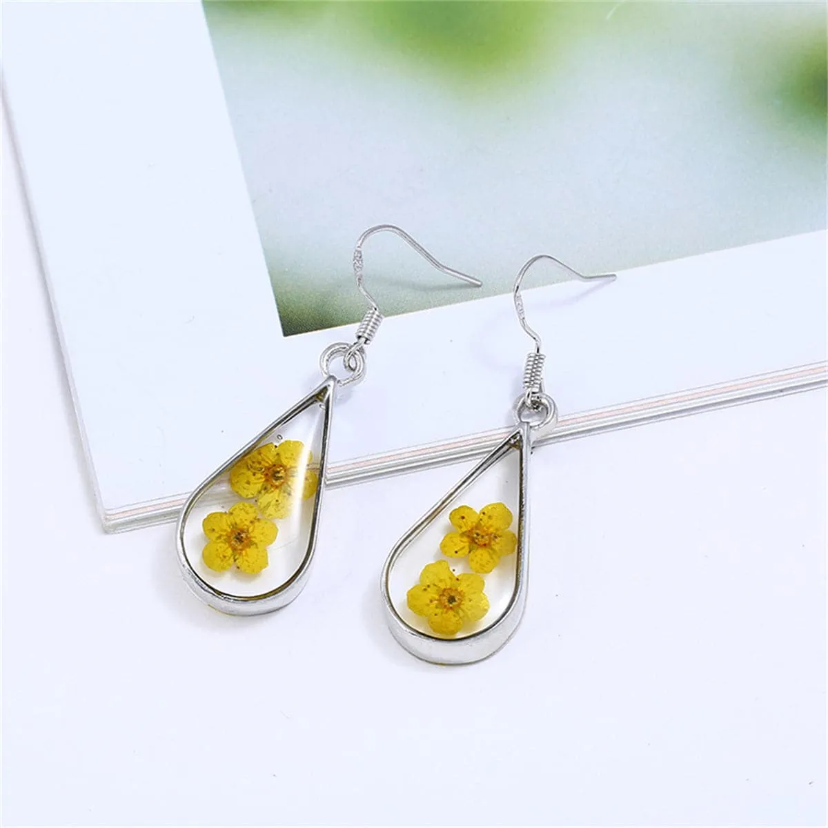 Double Yellow Pressed Peach Flower & Silver-Plated Drop Earrings