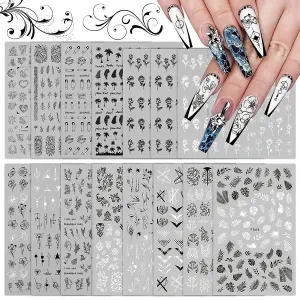 EBANKU 12 Sheets Black White Nail Art Sticker, Leaves Retro Flower Vine Pattern Decals French Classic Simple Self Adhesive Decals, for Girl Women Nails Art DIY Decoration