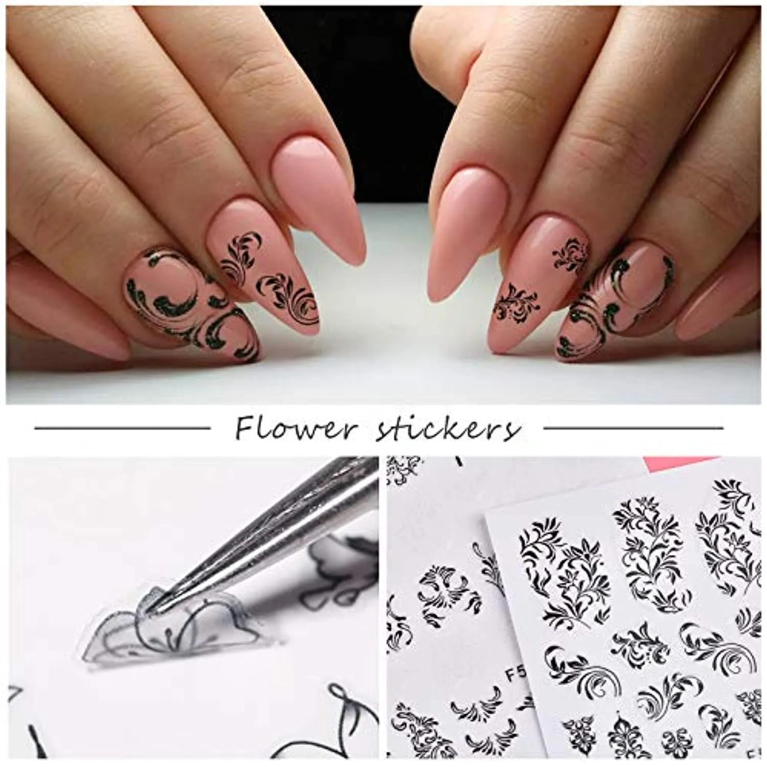 EBANKU 12 Sheets Black White Nail Art Sticker, Leaves Retro Flower Vine Pattern Decals French Classic Simple Self Adhesive Decals, for Girl Women Nails Art DIY Decoration
