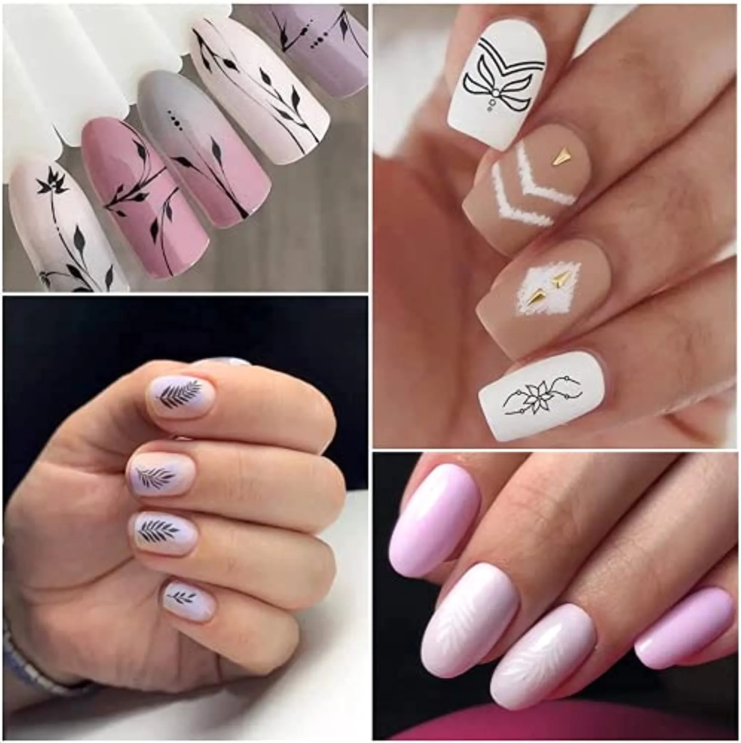 EBANKU 12 Sheets Black White Nail Art Sticker, Leaves Retro Flower Vine Pattern Decals French Classic Simple Self Adhesive Decals, for Girl Women Nails Art DIY Decoration