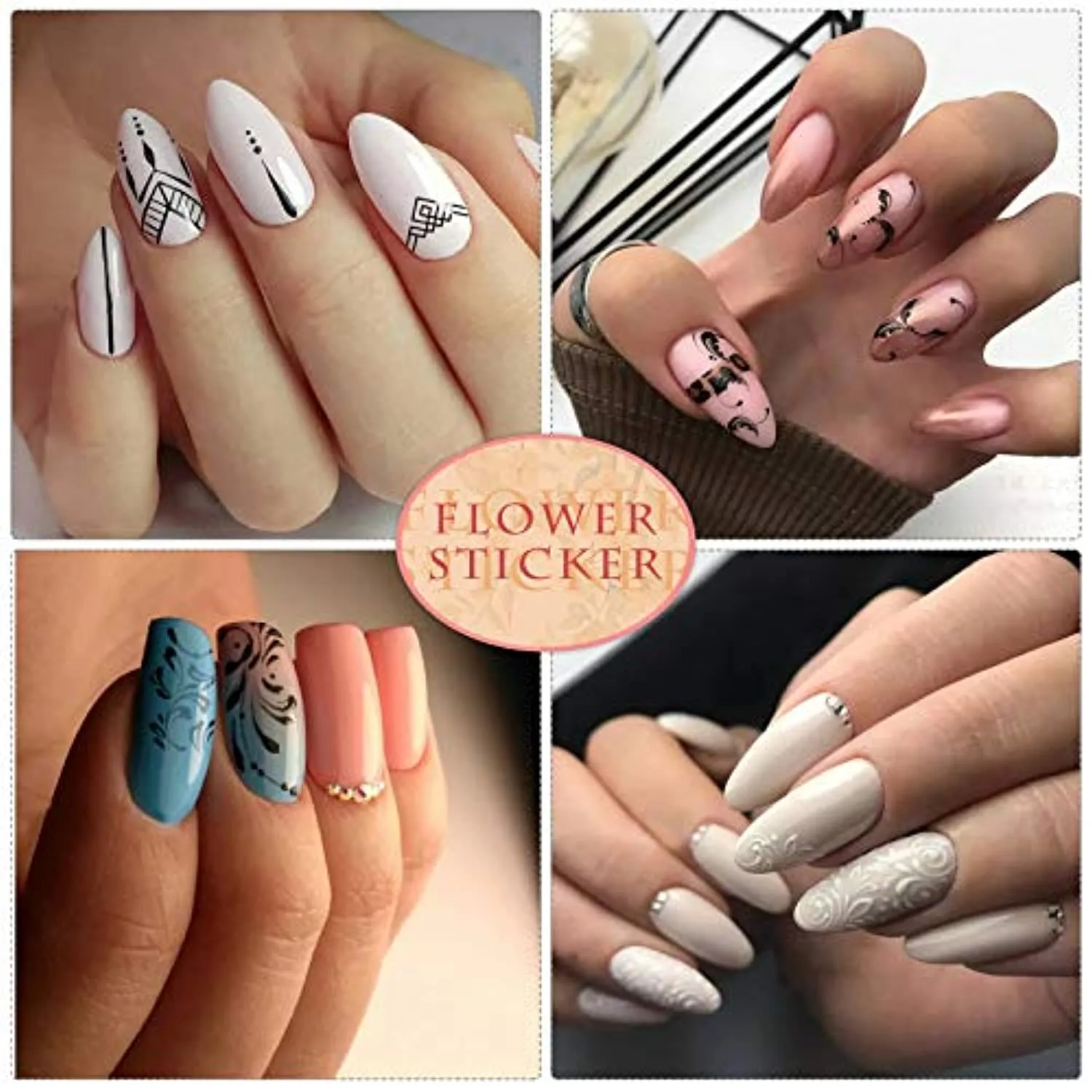 EBANKU 12 Sheets Black White Nail Art Sticker, Leaves Retro Flower Vine Pattern Decals French Classic Simple Self Adhesive Decals, for Girl Women Nails Art DIY Decoration