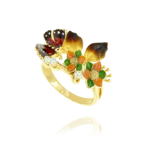 Enamel Flower and Butterfly Ring