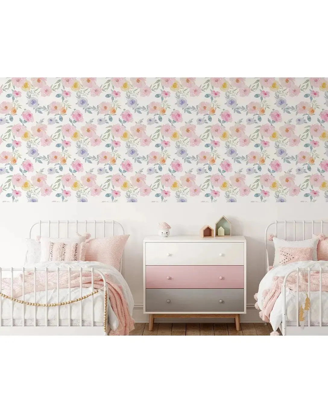 Floral Watercolor Pink Yellow Blue Roses Retro Flowers Wallpaper
