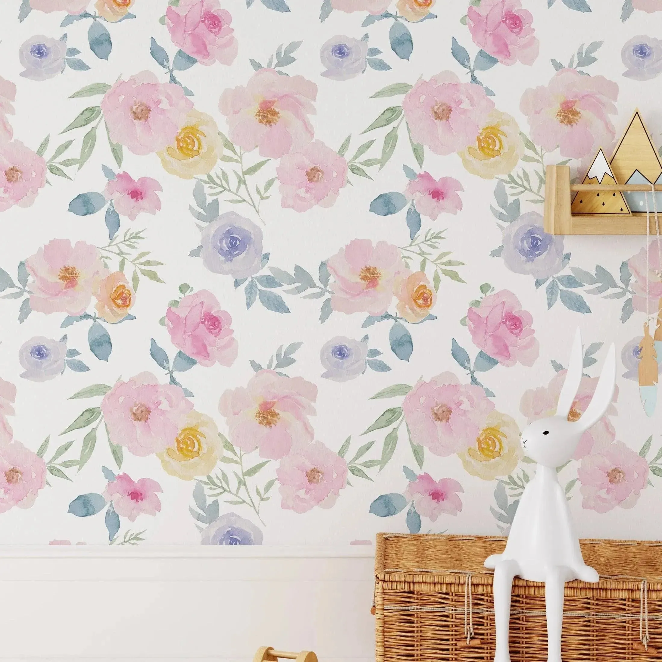 Floral Watercolor Pink Yellow Blue Roses Retro Flowers Wallpaper