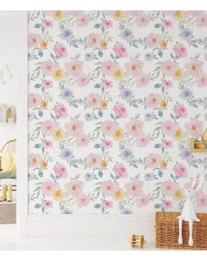 Floral Watercolor Pink Yellow Blue Roses Retro Flowers Wallpaper