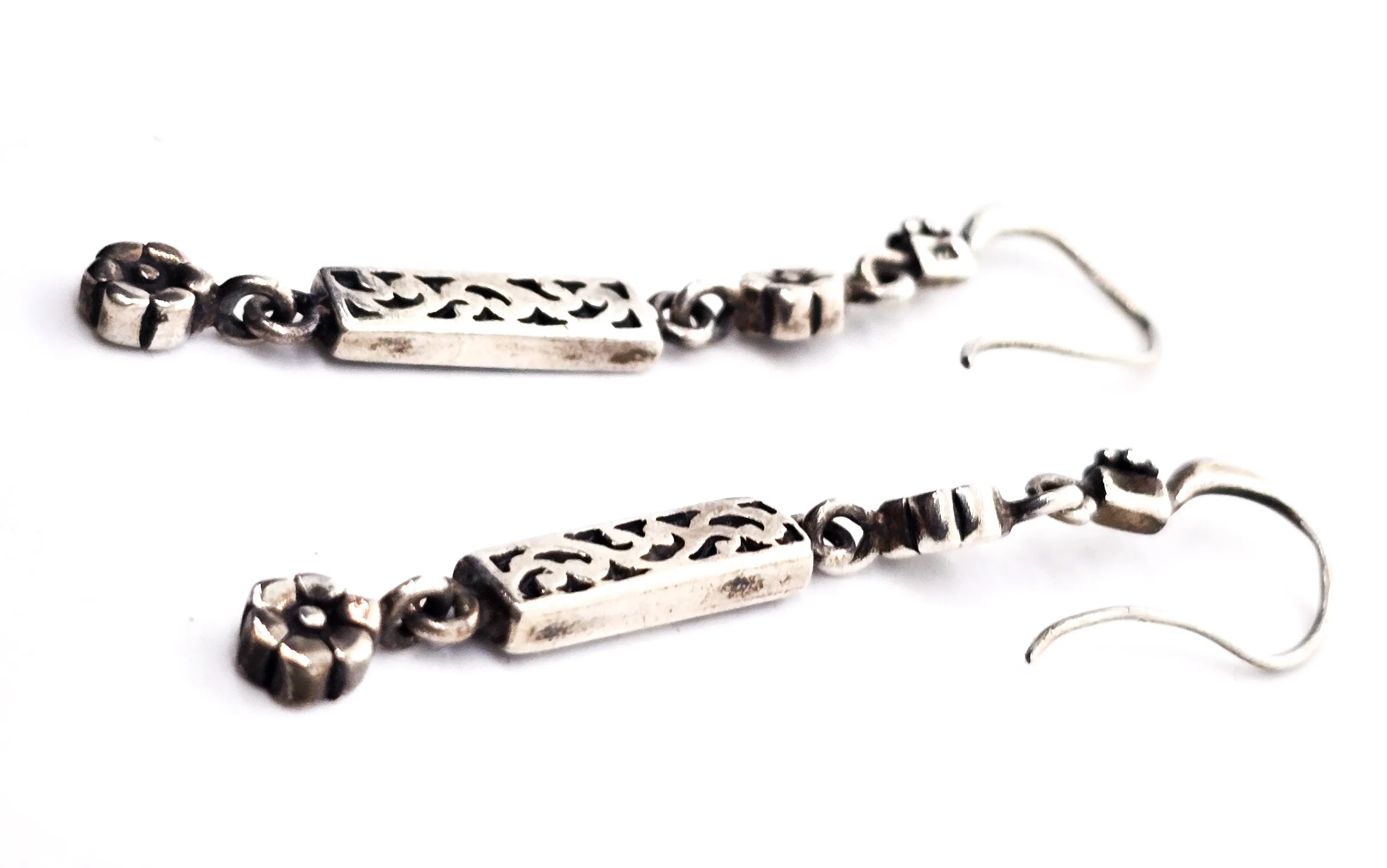 Flower and scroll drop vintage long sterling silver vintage earrings