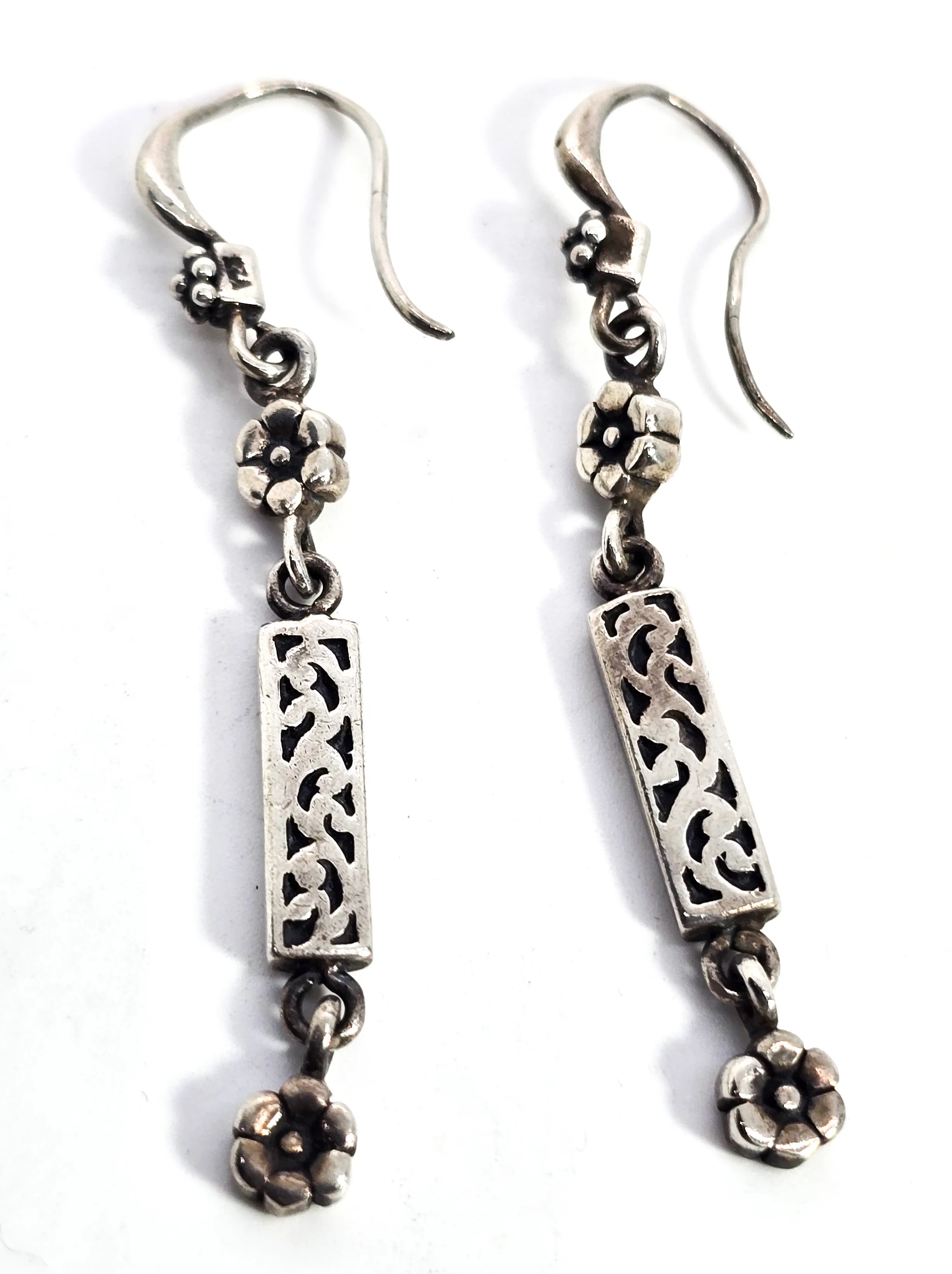 Flower and scroll drop vintage long sterling silver vintage earrings