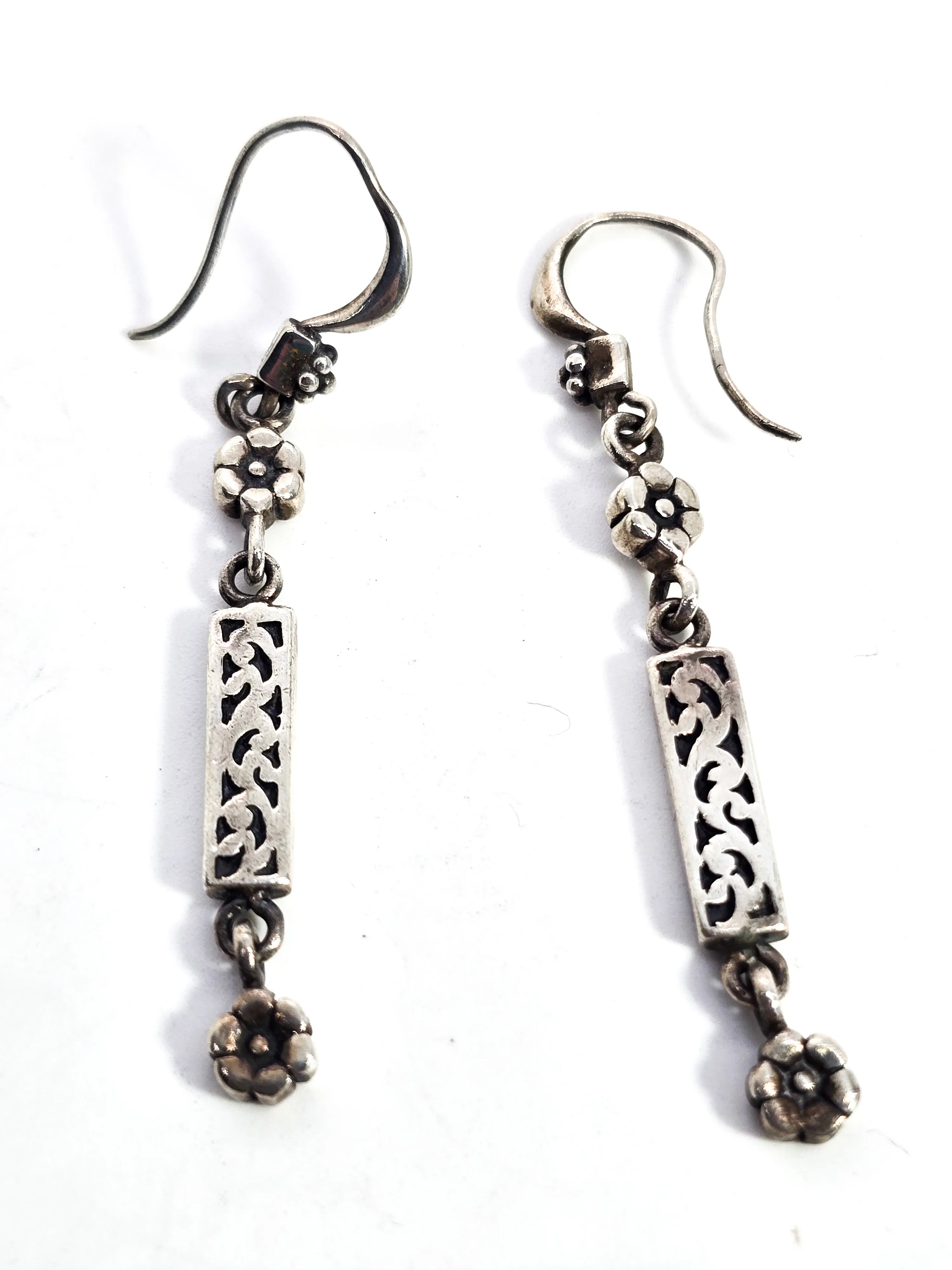 Flower and scroll drop vintage long sterling silver vintage earrings