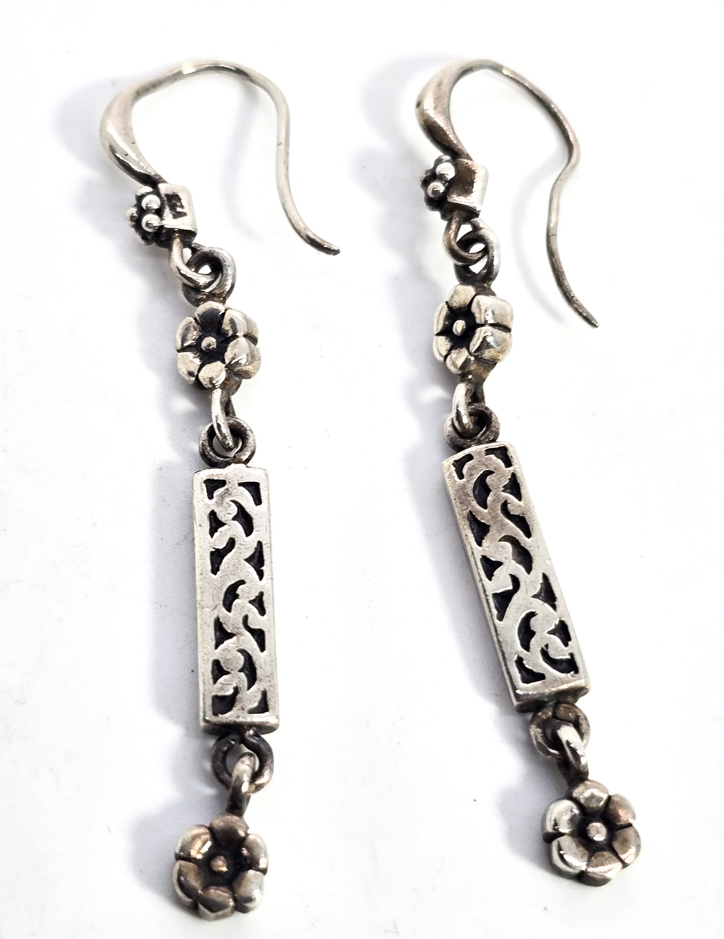 Flower and scroll drop vintage long sterling silver vintage earrings