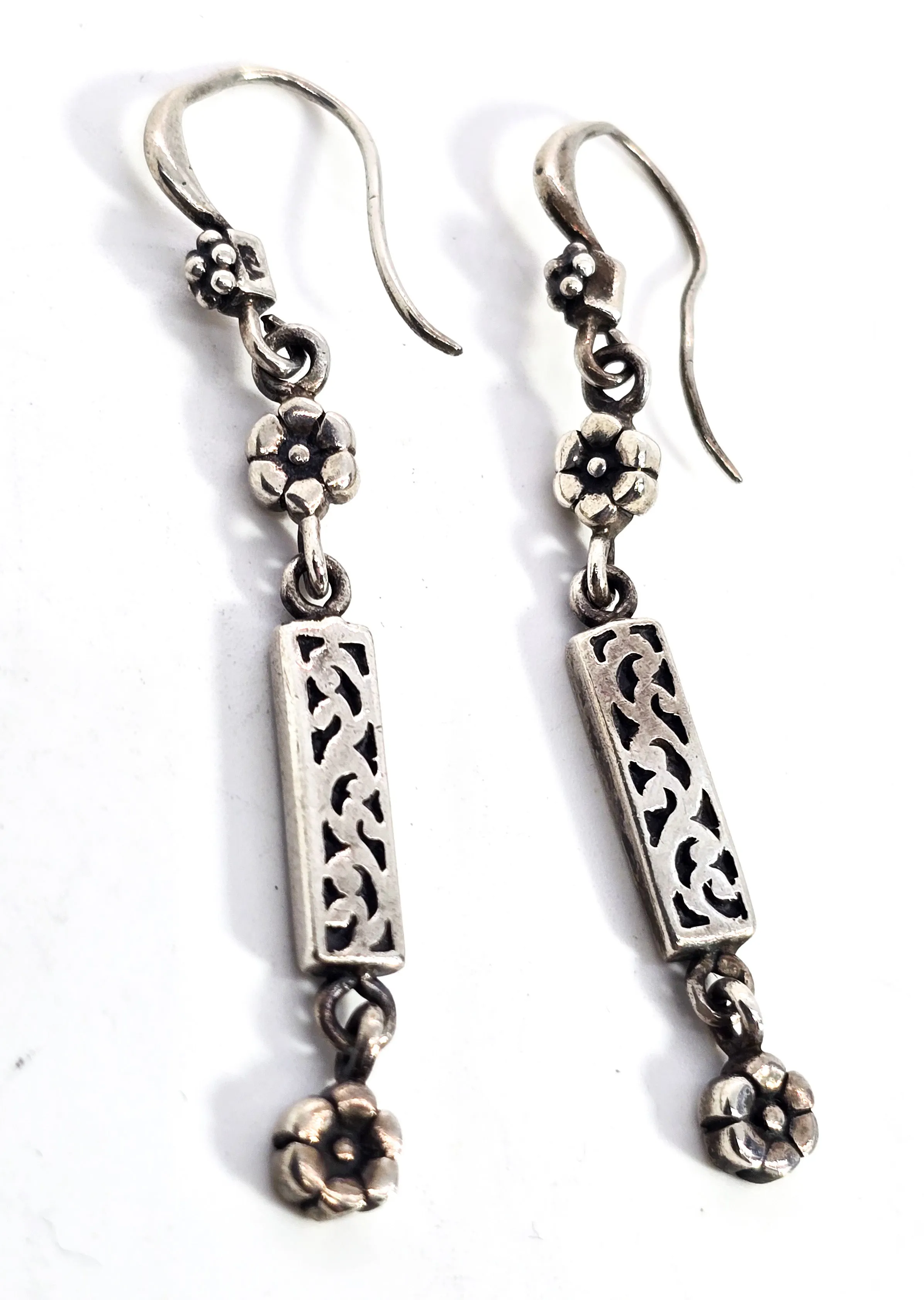 Flower and scroll drop vintage long sterling silver vintage earrings