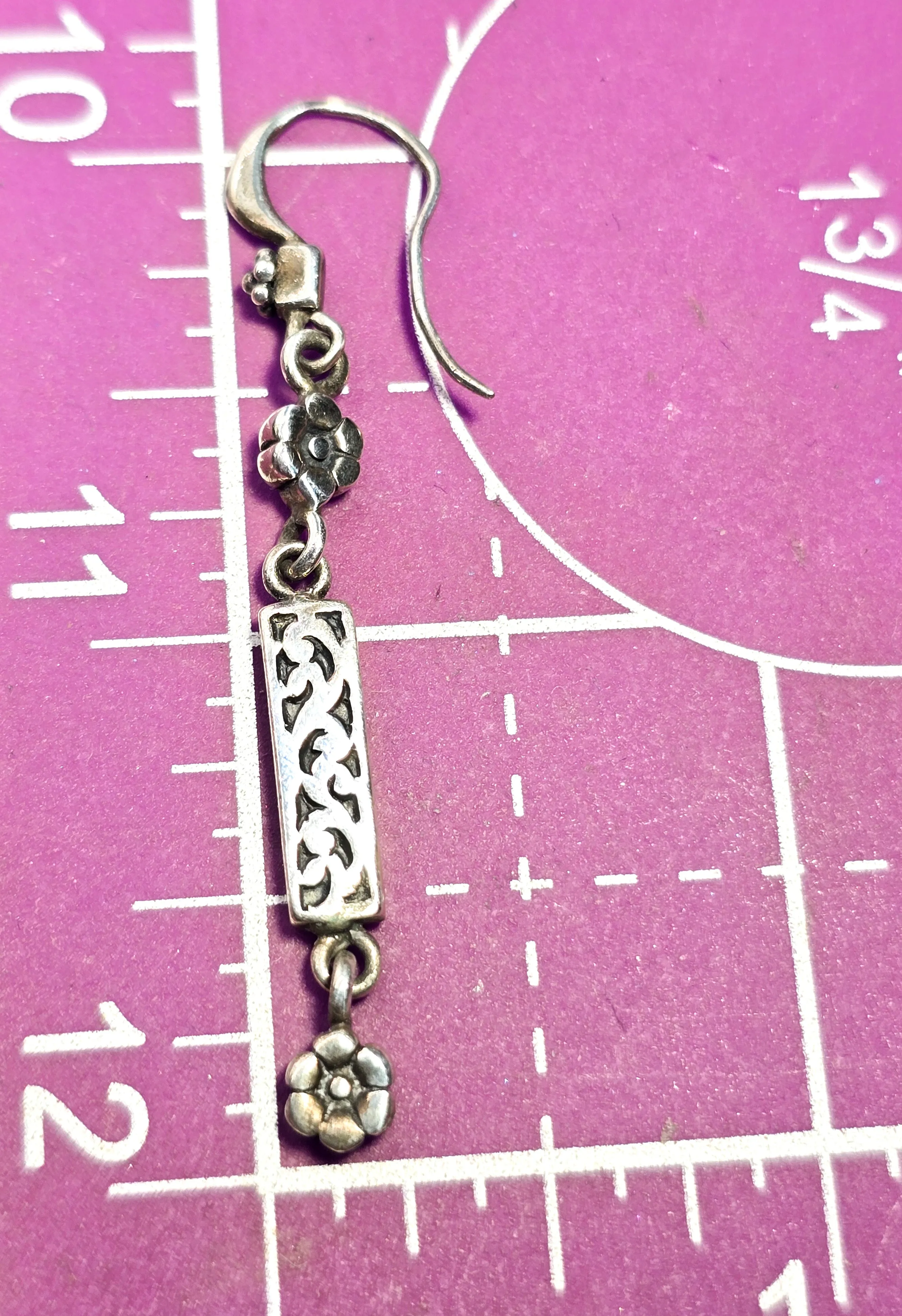 Flower and scroll drop vintage long sterling silver vintage earrings