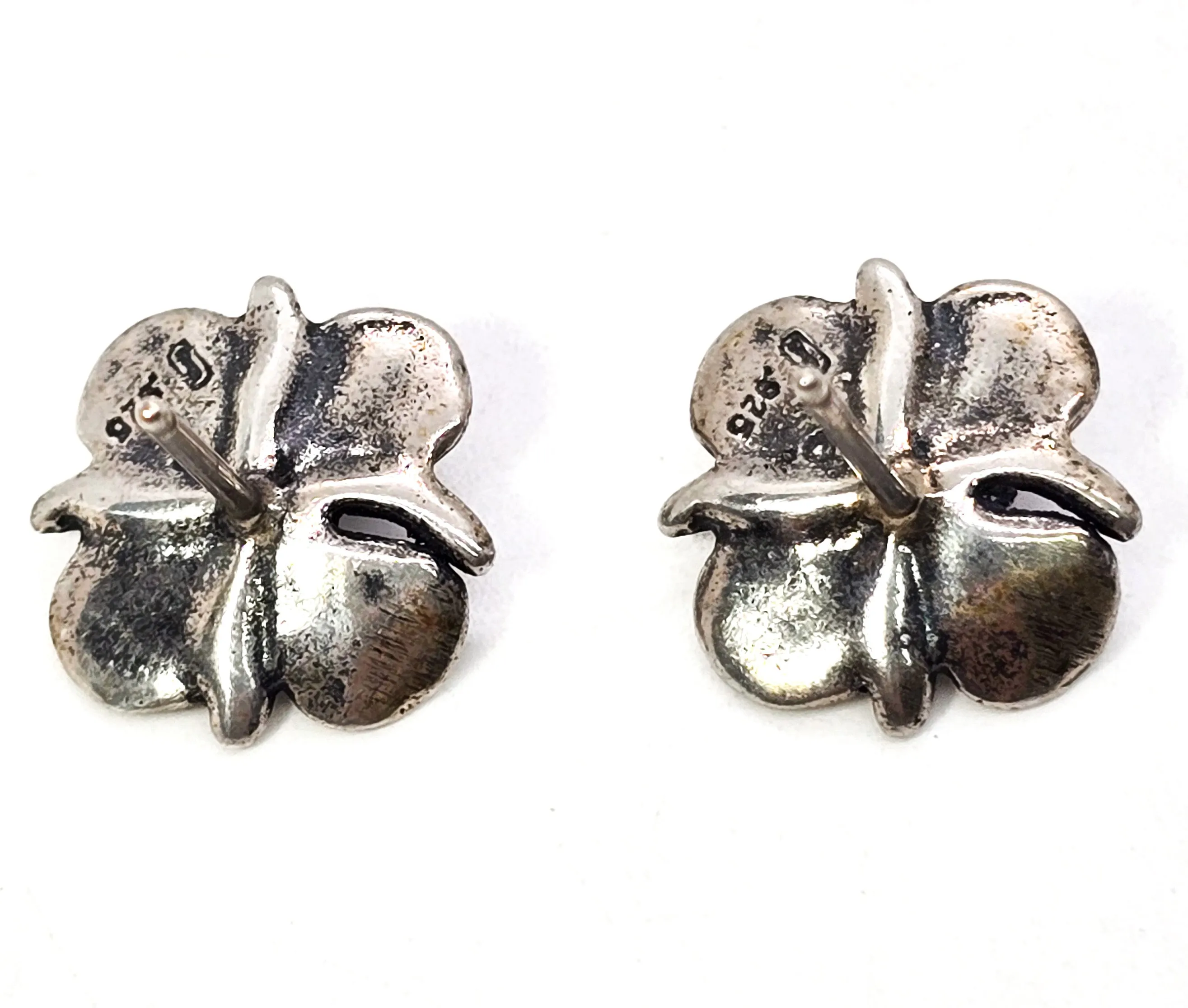Flower stud detailed signed sterling silver four petal stud earrings