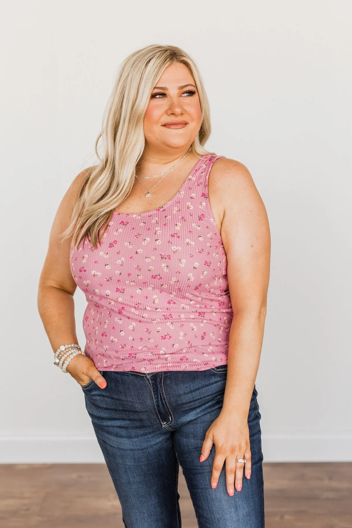 Frolic Through The Flowers Knit Tank Top- Pink