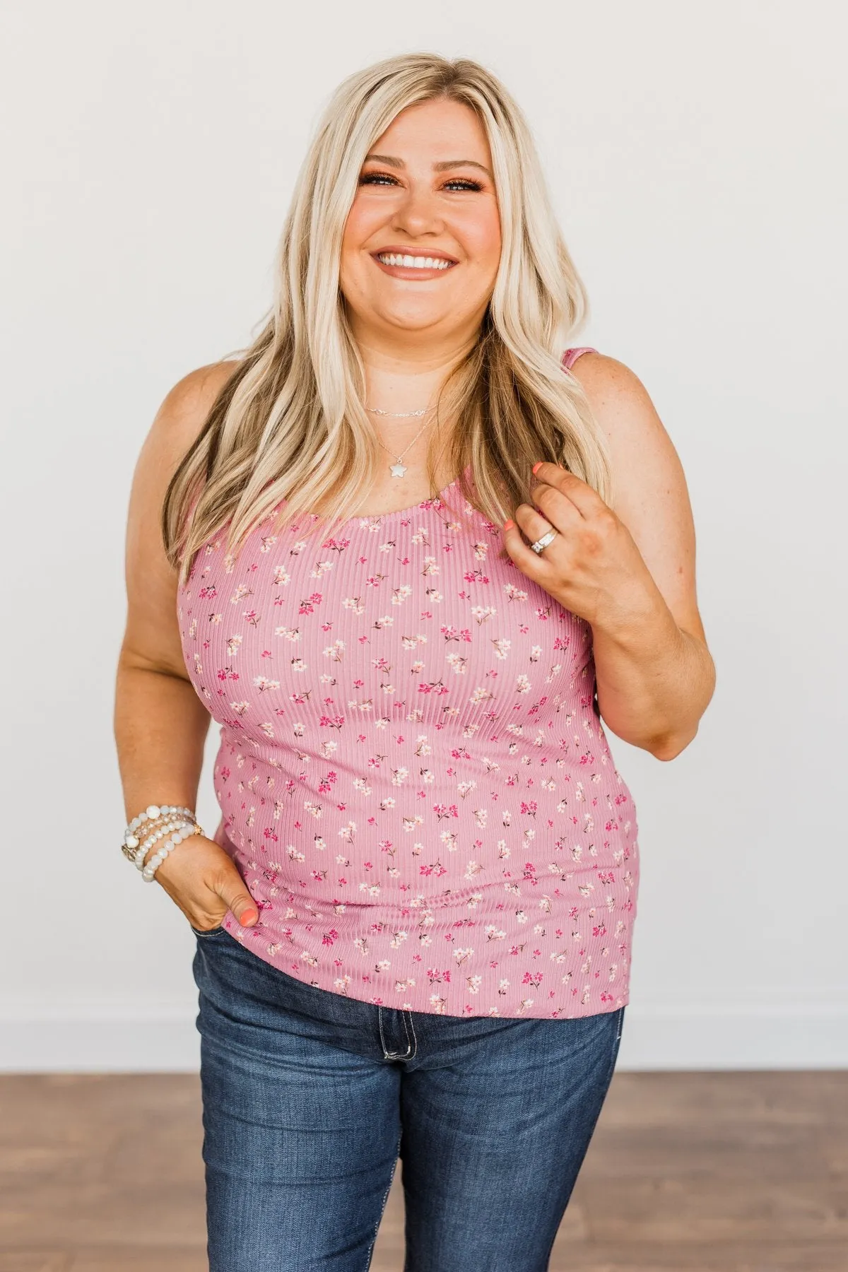 Frolic Through The Flowers Knit Tank Top- Pink