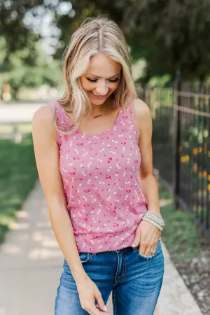 Frolic Through The Flowers Knit Tank Top- Pink