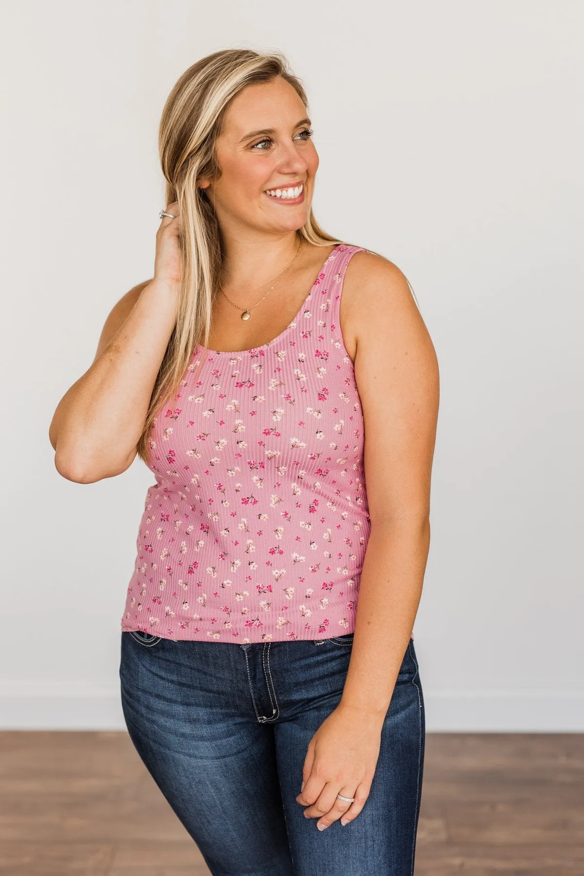 Frolic Through The Flowers Knit Tank Top- Pink