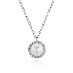 Gabriel & Co. Round Cultured Pearl and Diamond Halo Pendant Necklace