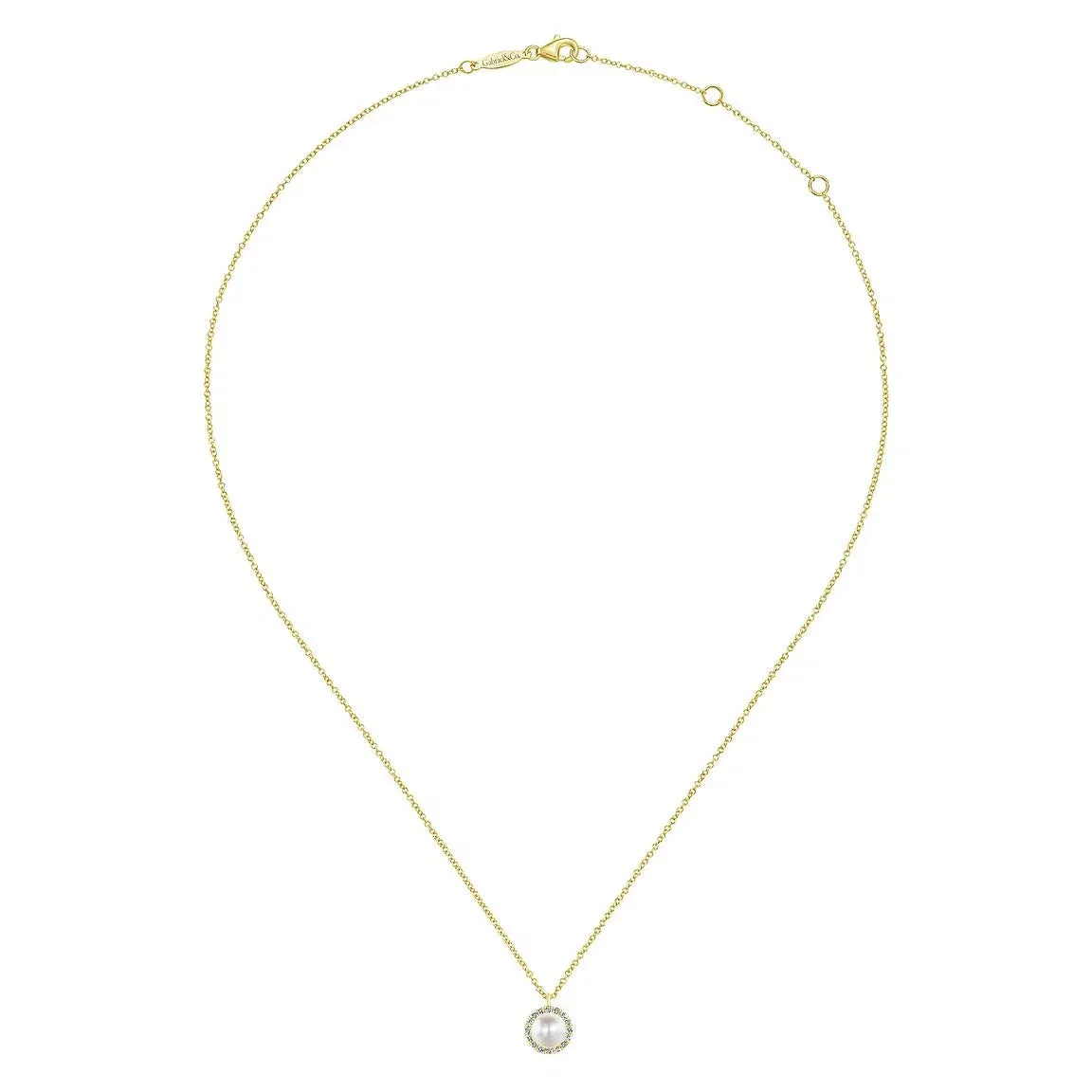 Gabriel & Co. Round Cultured Pearl and Diamond Halo Pendant Necklace