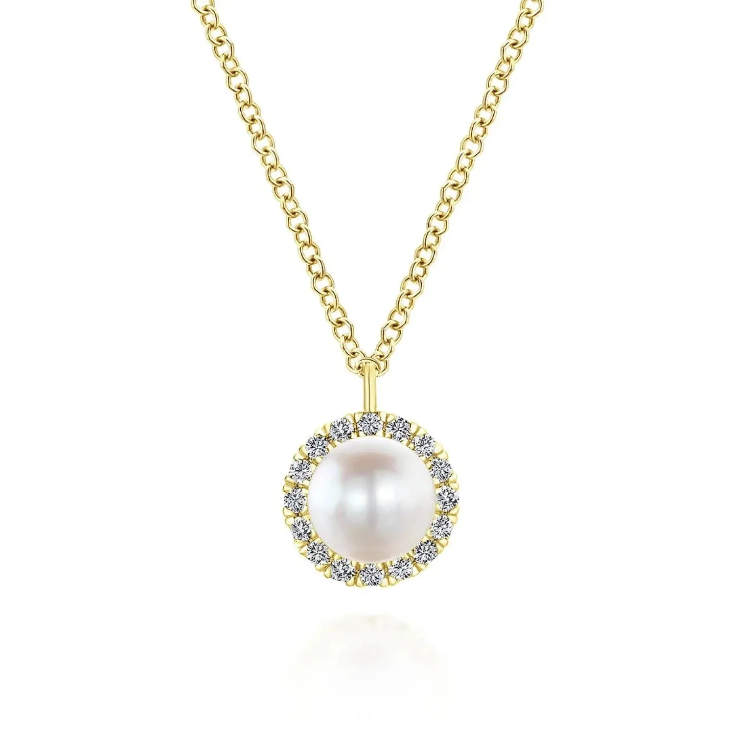Gabriel & Co. Round Cultured Pearl and Diamond Halo Pendant Necklace