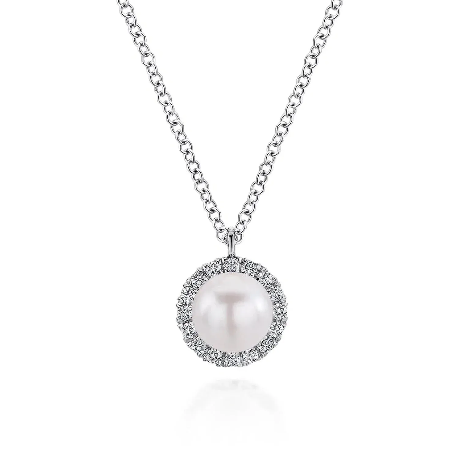 Gabriel & Co. Round Cultured Pearl and Diamond Halo Pendant Necklace