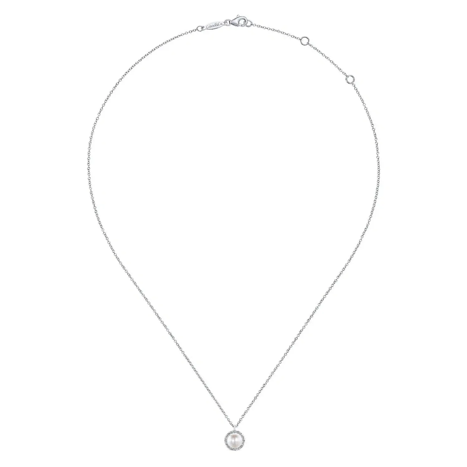 Gabriel & Co. Round Cultured Pearl and Diamond Halo Pendant Necklace