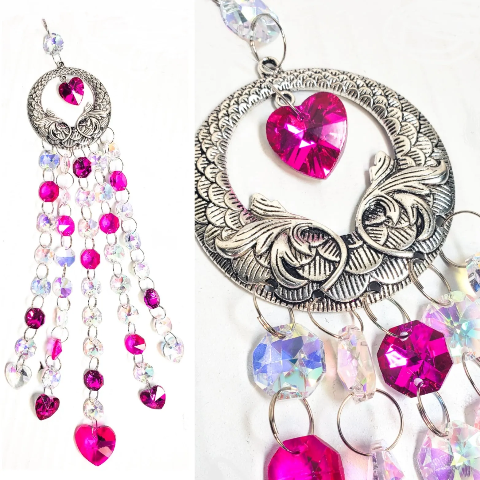Gorgeous Iridescent and Fuchsia Pink Hearts Suncatcher, Valentine's Day Gift Boxed