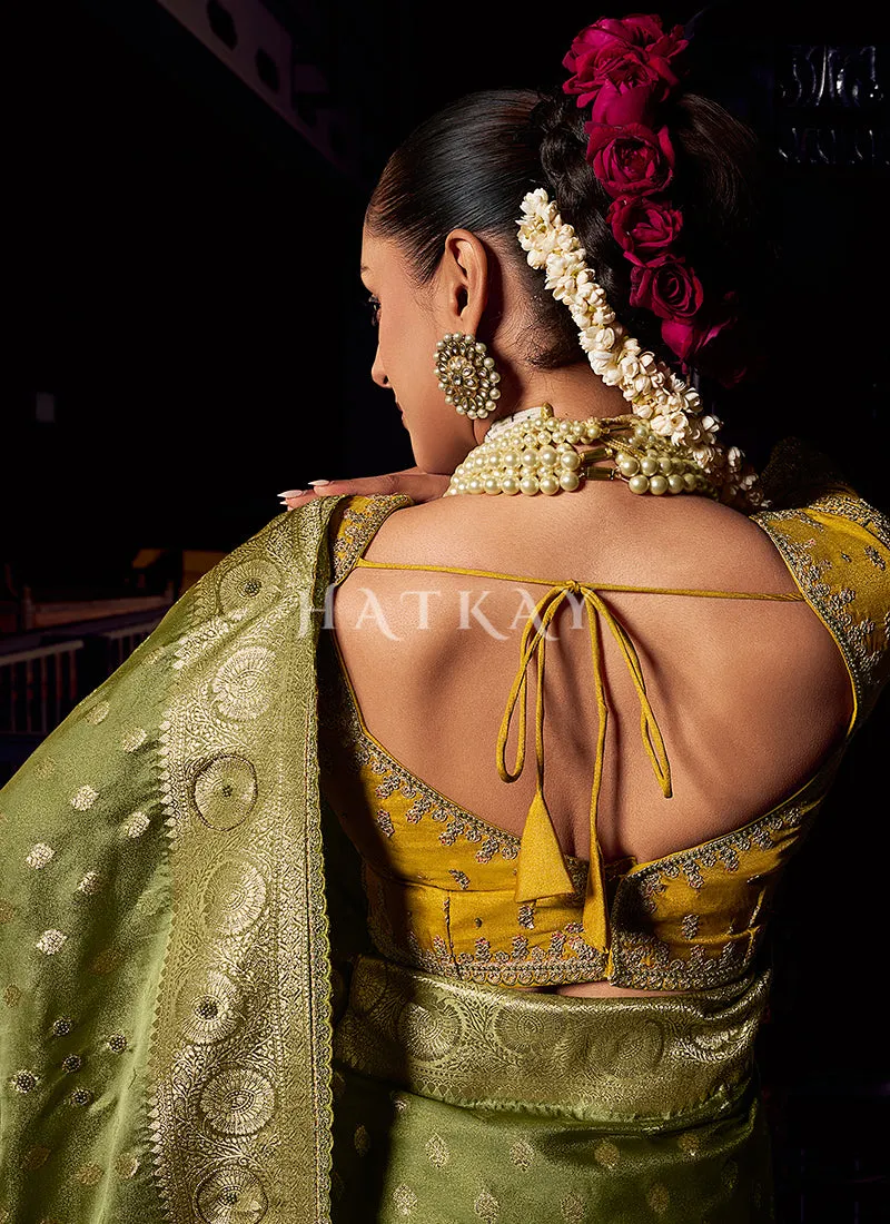 Green And Yellow Handwork Tissue Silk Saree