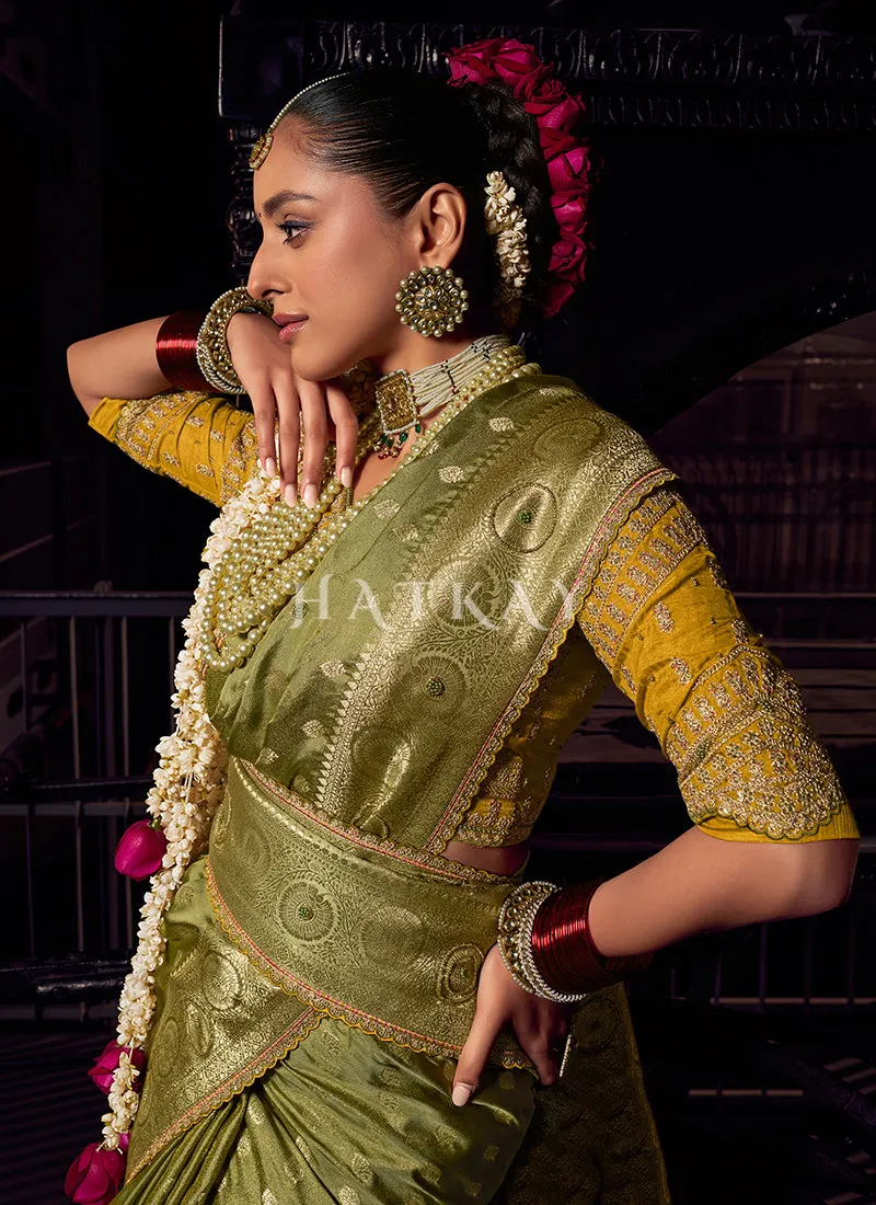 Green And Yellow Handwork Tissue Silk Saree