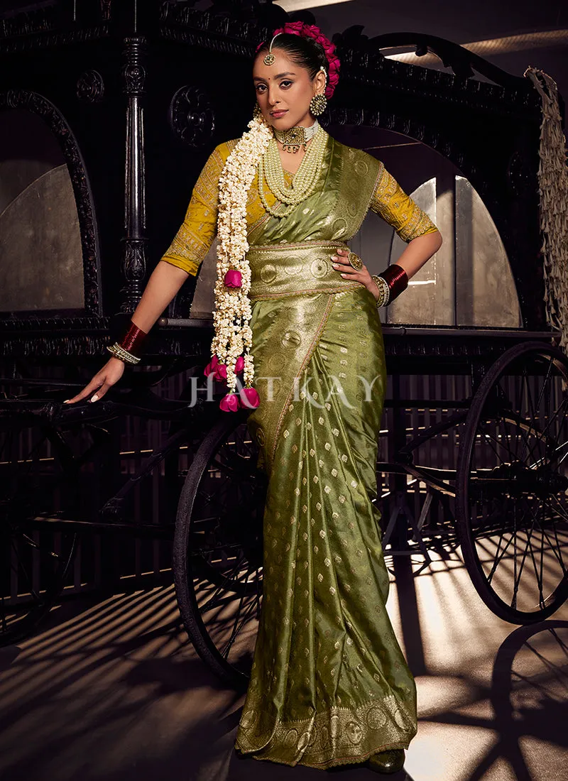 Green And Yellow Handwork Tissue Silk Saree
